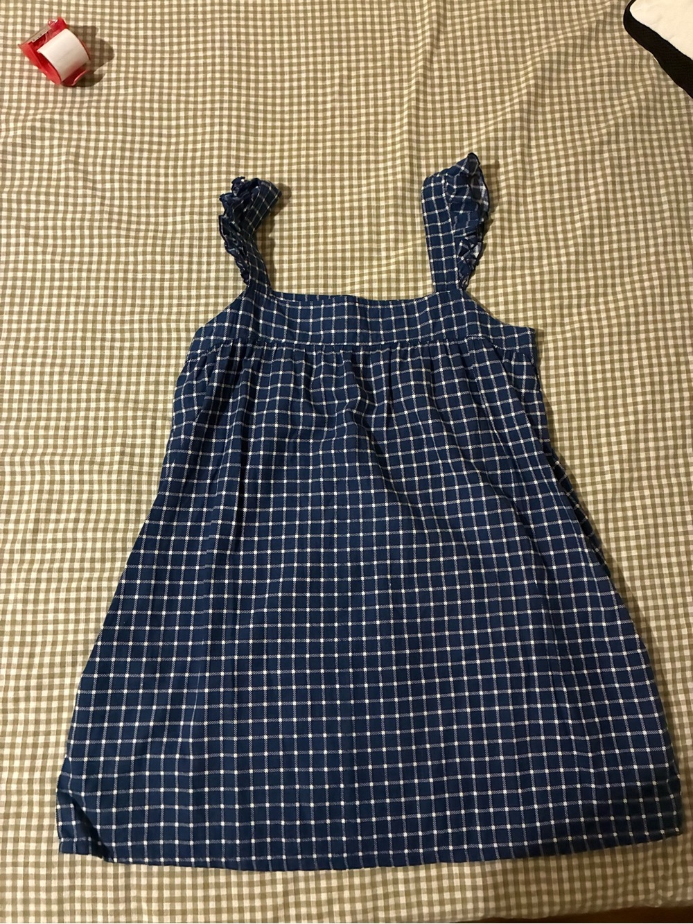 Motel Rocks Navy Blue White Checked Ruffled Strap Tank Top